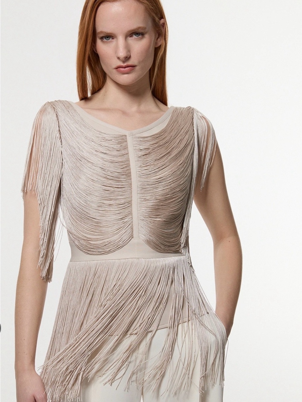 KarenMillen
Draped Fringe Knitted Top Silver Size M NWT